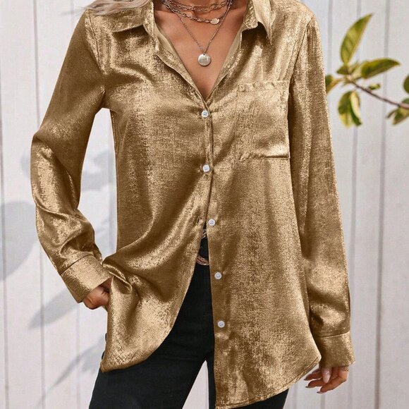 Gold Elegant Women's Metallic Sheen Shirt - Picture 5 of 6